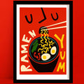 A ramen print in a Bold red style, featuring a stylised bowl of ramen with floating face above, chopsticks, and “YUM” text.