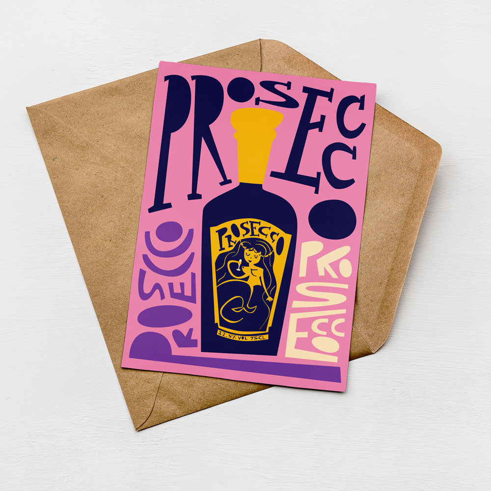 A colorful illustration of a bottle of Prosecco wine, with the text "Prosecco" prominently displayed.