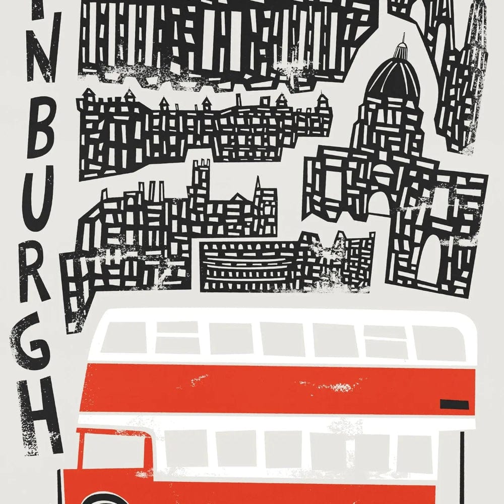 Close-up of the Edinburgh city illustration highlighting the detail in the skyline and bold red bus at the base, capturing the city’s energy and architecture.