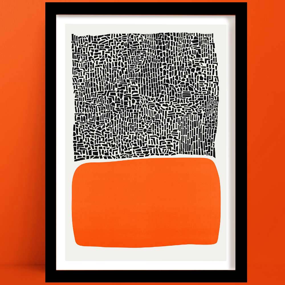 A City Sunset Abstract Art Print, featuring a bold orange organic shape beneath a dense black-and-white grid texture, creating a modern yet earthy visual contrast.