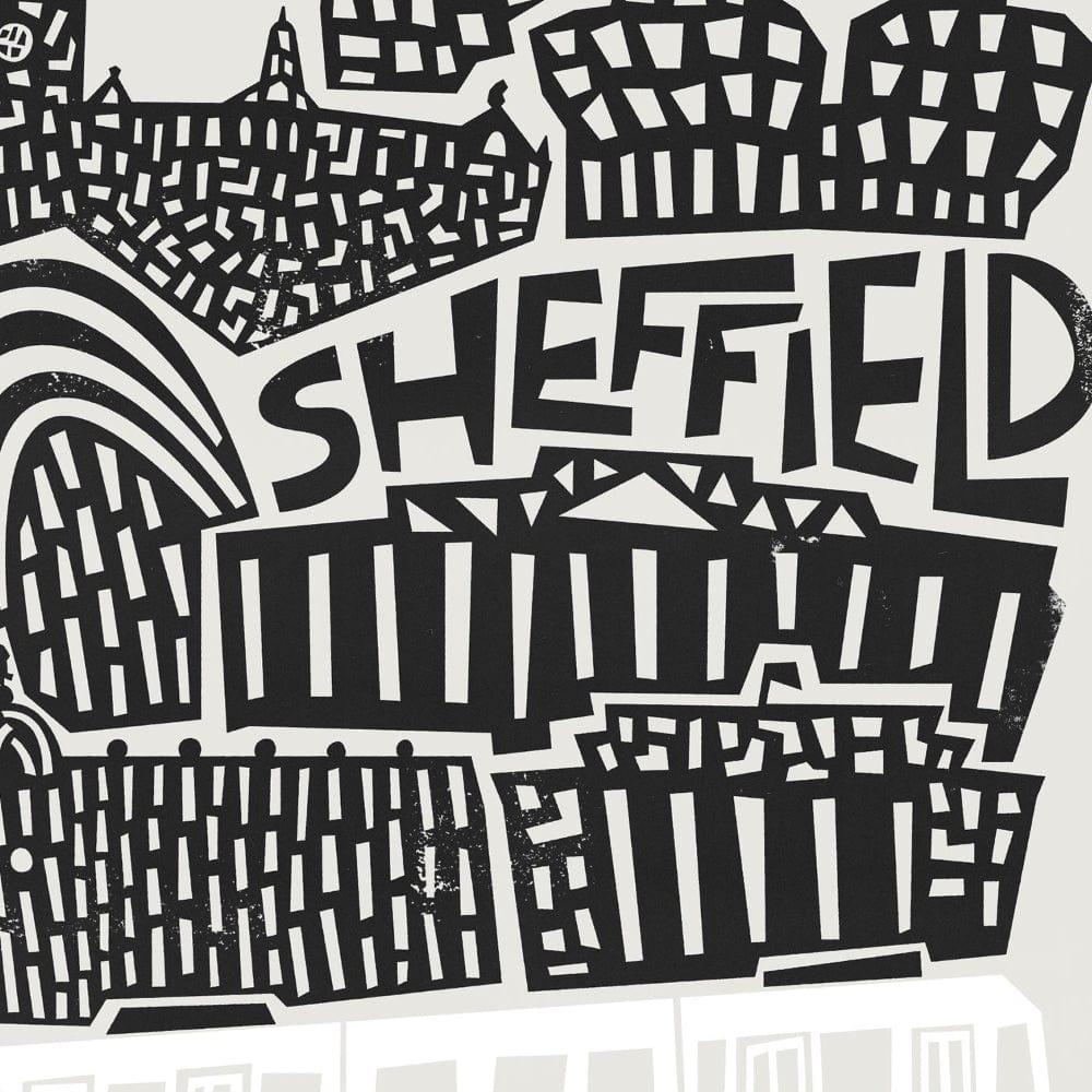 A close-up view of the Sheffield skyline print, highlighting the playful geometric architecture and the word ‘Sheffield’ woven through the city layout.