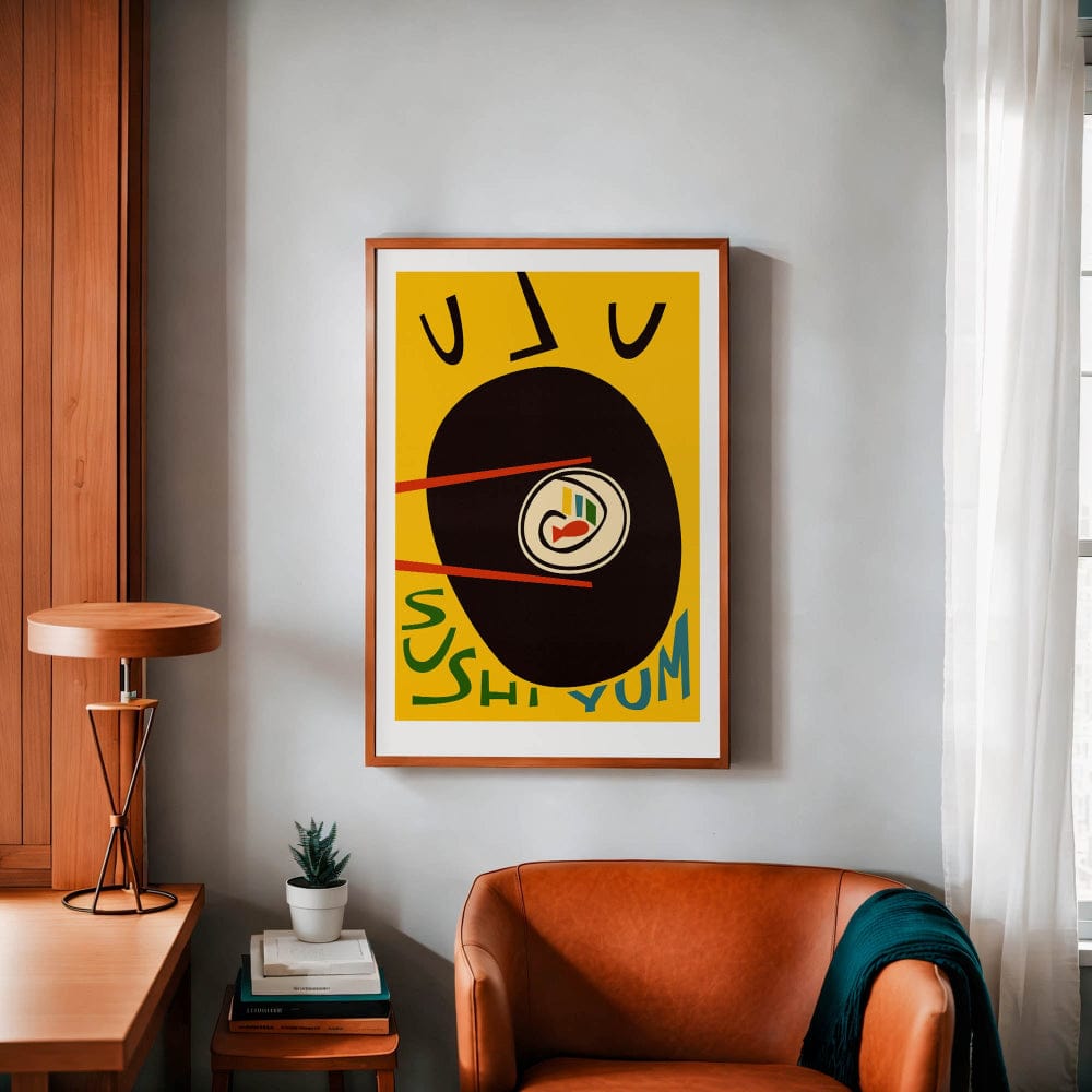 Sushi Yum art print hung in a modern interior with soft lighting, offering playful contrast and foodie personality in a stylish living space.