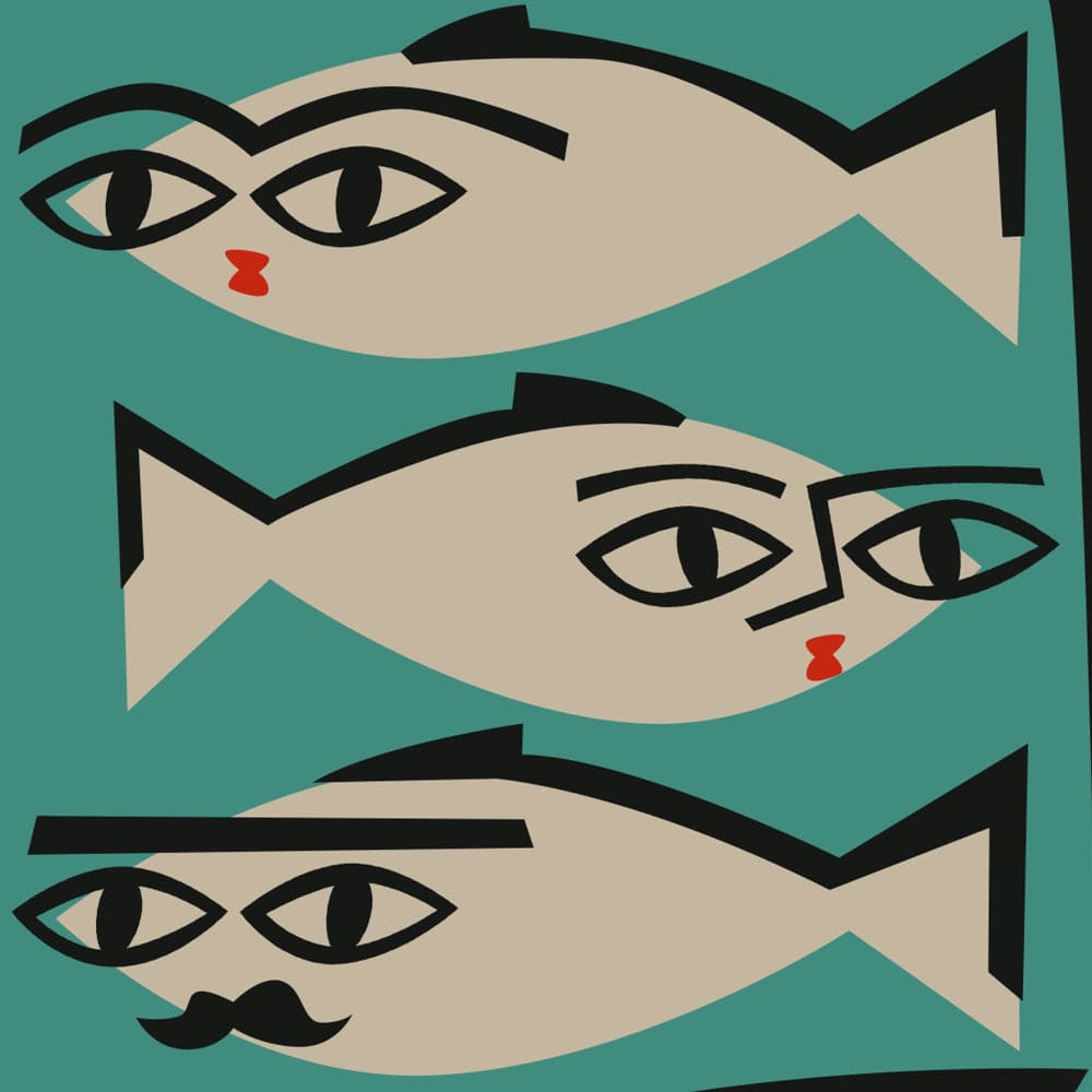 Close-up of sardines illustration with bold facial features inside a stylised tin label.