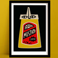 Mustard print featuring a graphic yellow bottle with stylised face and bold black background, framed on yellow wall.