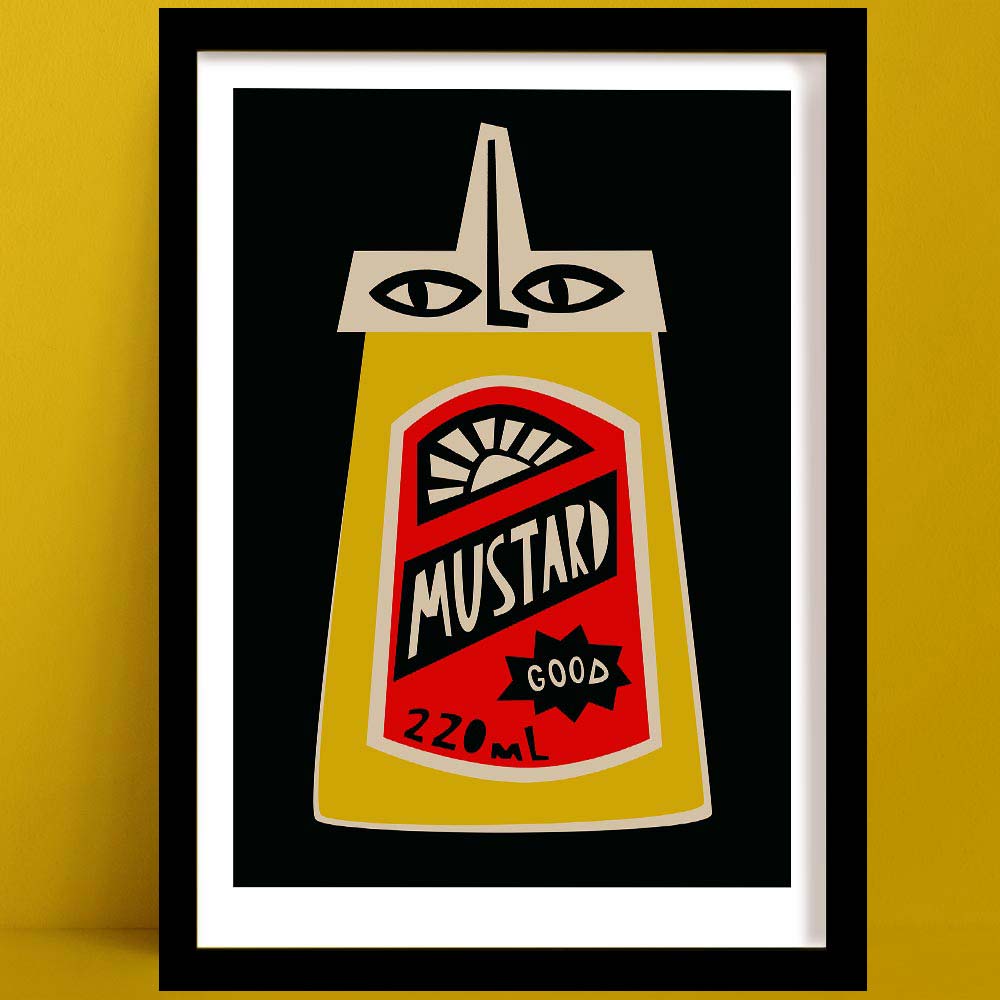 Mustard print featuring a graphic yellow bottle with stylised face and bold black background, framed on yellow wall.