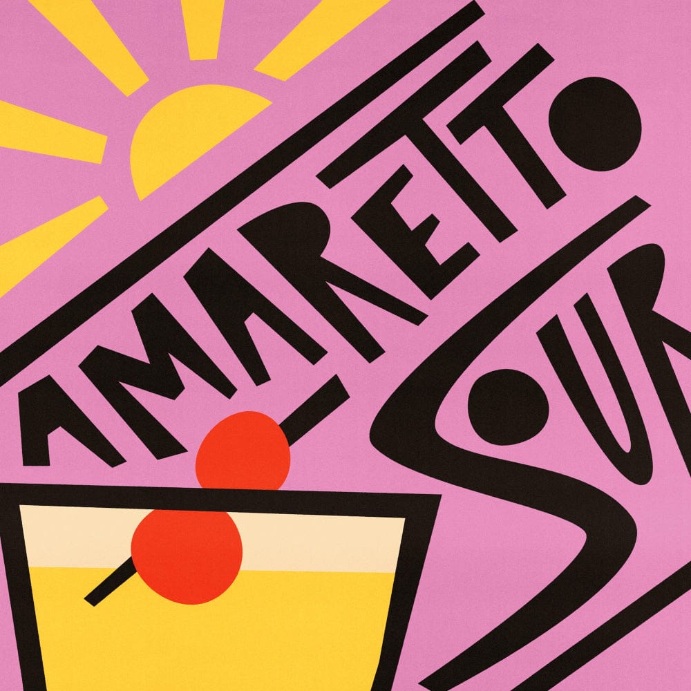 Close-up of the Amaretto Sour artwork showing bold black lettering, a stylised cocktail glass, and cherry garnish.