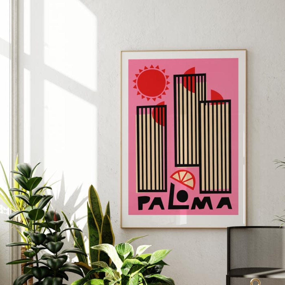 The Paloma print displayed in a bright modern interior, its pink tones and structured composition adding a playful architectural elegance to the space.