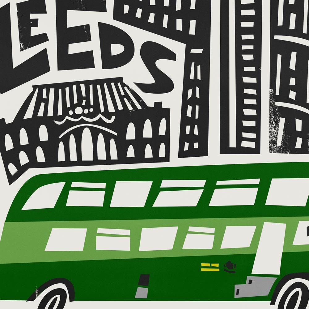 Close-up detail of the Leeds print, focusing on the lower portion of the bright green double-decker bus contrasting with the dense black architectural illustrations.