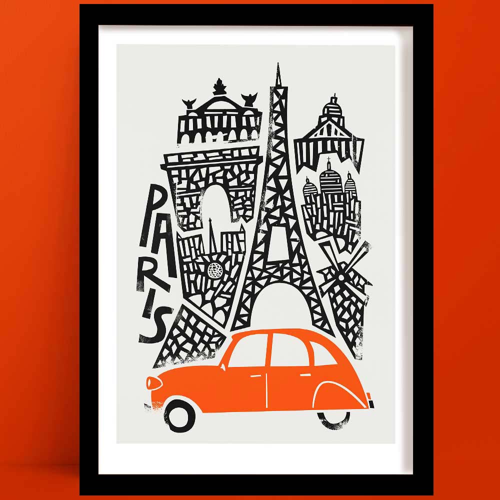 Our Paris print is a bold line illustration, featuring hand-drawn landmarks including the Eiffel Tower and Arc de Triomphe, with a charming red vintage Citroën car in the foreground.