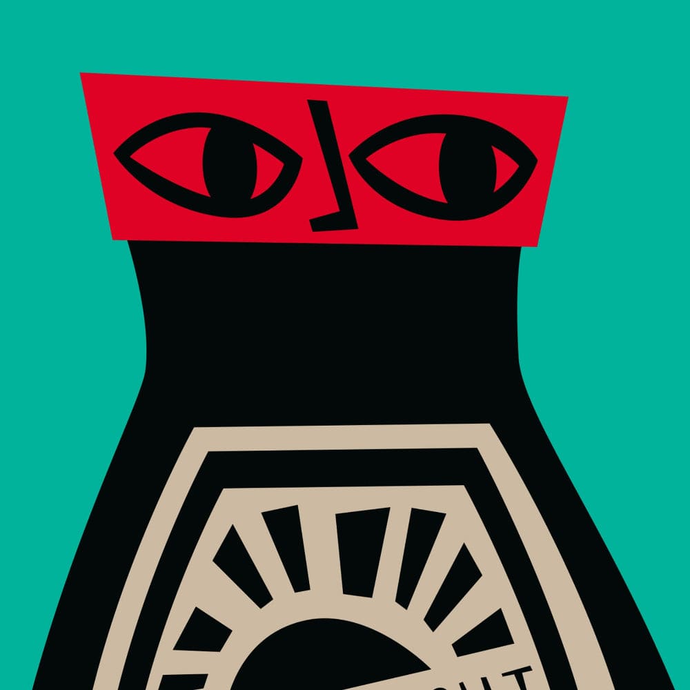 Close-up of soy sauce bottle illustration showing bold red eyes and label text reading “Superior Light Soy Sauce.”