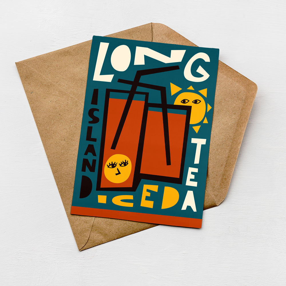 A colorful greeting card with the text "LONG ISLAND TEA" and an illustration of a person enjoying a beverage.