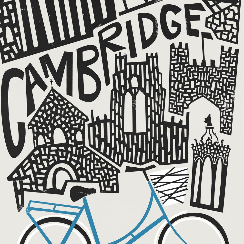 Close-up of the Cambridge print showing hand-drawn architectural features and the word “Cambridge” integrated into the cityscape with fine line detail.