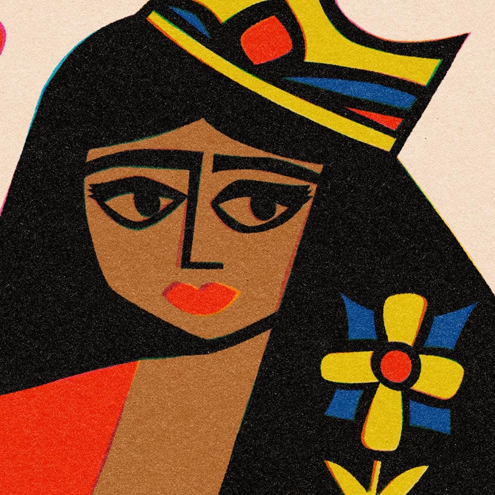Close-up of Queen’s face with stylised eyes and blue-yellow flower, retro card-inspired artwork