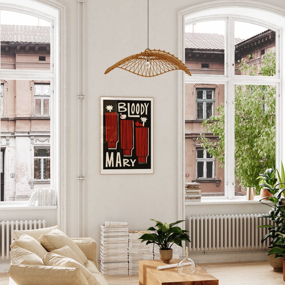The Bloody Mary print displayed in a bright, plant-filled room, its retro typography and bold composition creating a standout piece for cocktail enthusiasts and art lovers alike.