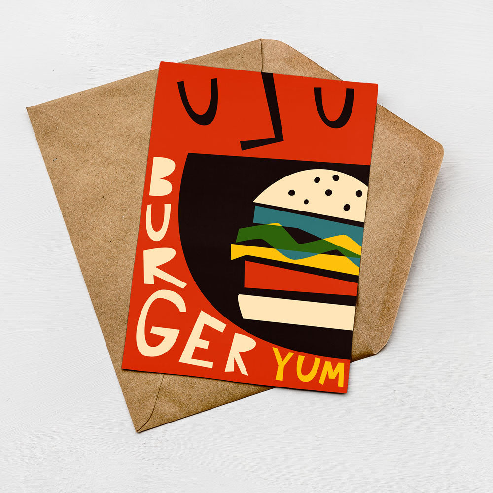 a vibrant and colorful design of a burger, with bold text and a playful, cartoonish style.