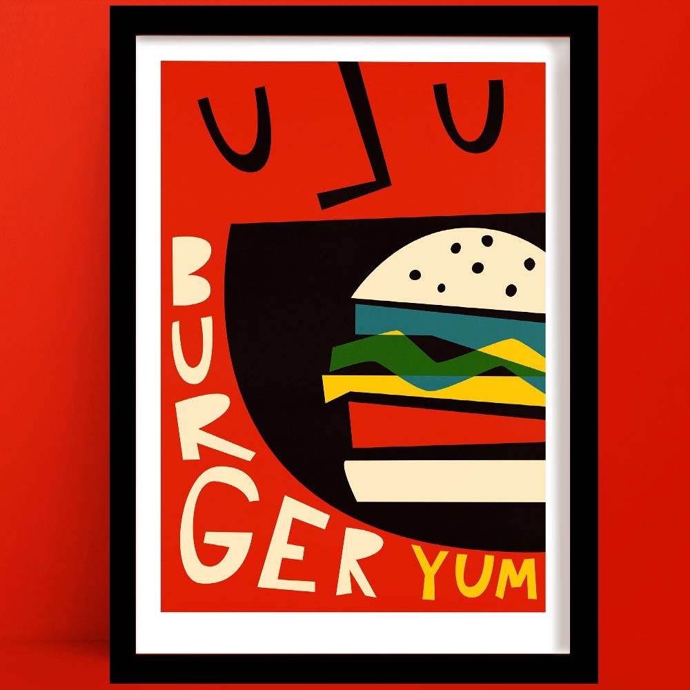 A vibrant, pop-art-style burger print  illustration featuring a layered cheeseburger about to be devoured, with playful typography spelling “YUM.”