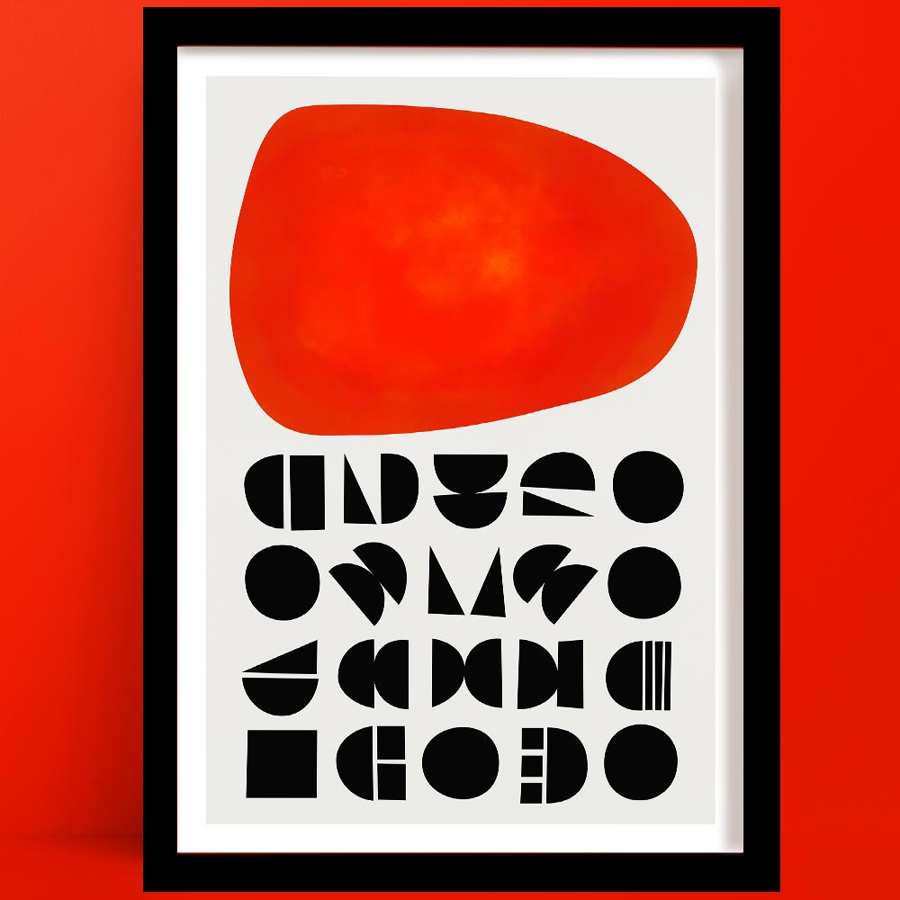 Framed Solar Sun abstract Print abstract art poster with a red shape and black text on a red background