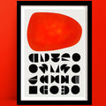 Framed Solar Sun abstract Print abstract art poster with a red shape and black text on a red background
