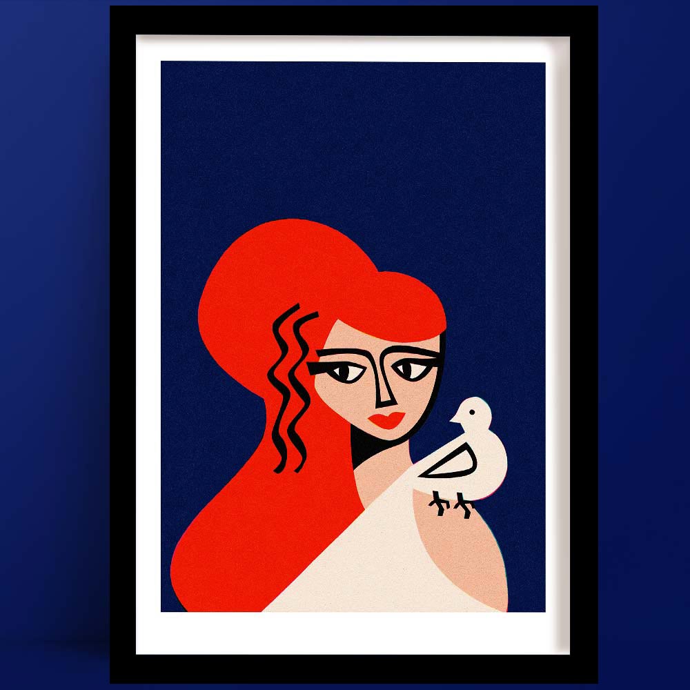 An Aphrodite print is a bold modern portrait titled “Aphrodite” featuring a stylised woman with flowing red hair and soft peach skin holding a white dove, set against a deep navy background.