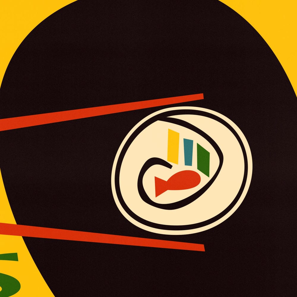 A detailed close-up of the sushi roll between bright red chopsticks, showing colourful fillings and strong graphic lines against a rich black mouth shape.