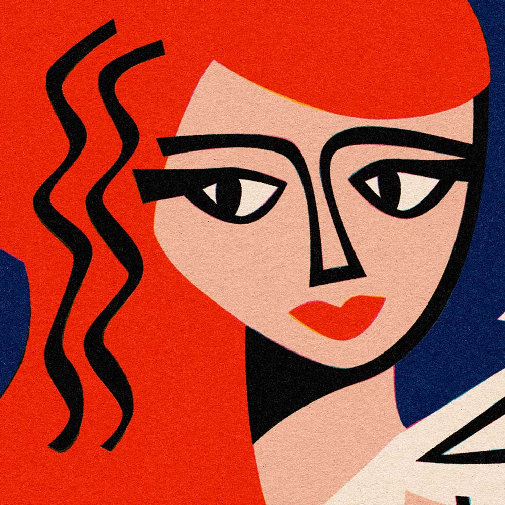 Close-up of the Aphrodite print highlighting the woman’s serene face, simplified eye details, and the soft curves of the dove nestled into her shoulder.