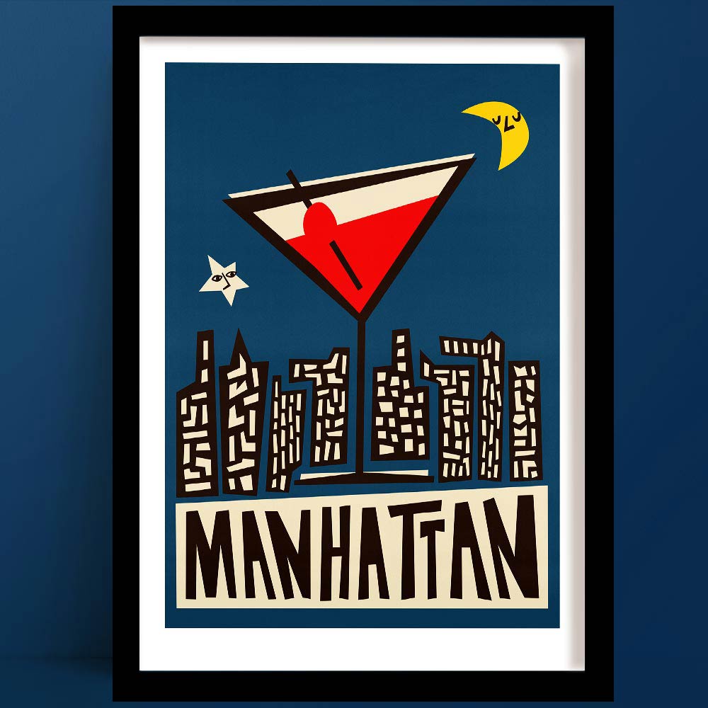 Manhattan cocktail print with city skyline and martini glass set against a rich navy backdrop.