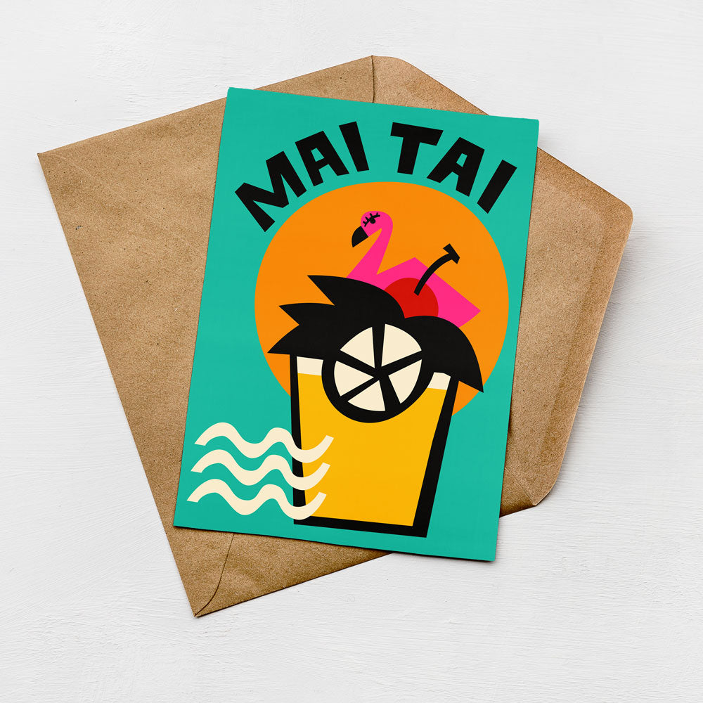 A colorful greeting card with a tropical theme, featuring a flamingo, a palm tree, and a drink with a straw.
