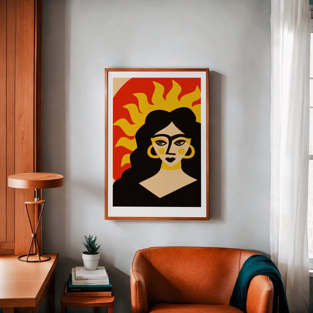 Sun Goddess artwork framed on wall above rust armchair and houseplants in warm-toned living room