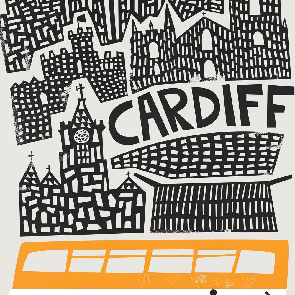 A close-up of the Cardiff print, highlighting hand-drawn architectural details and playful typography spelling “CARDIFF.”