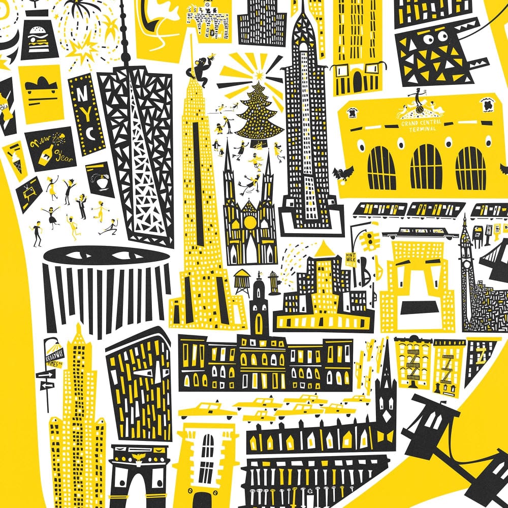 Detailed view of the illustrated yellow New York print, showing landmarks like the Statue of Liberty and Chrysler Building in playful, collage-style linework.