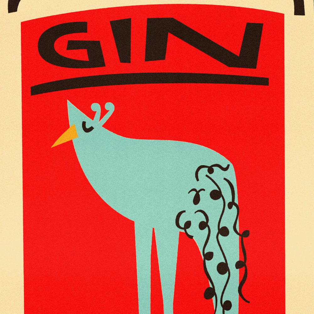 Zoomed-in detail of the stylised peacock within the gin label design.
