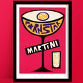 Our Pornstar Martini Print is an Eye-catching retro-style illustration of a Pornstar Martini cocktail, featuring bold lettering inside a stylised coupe glass with a bubbly side shot glass.