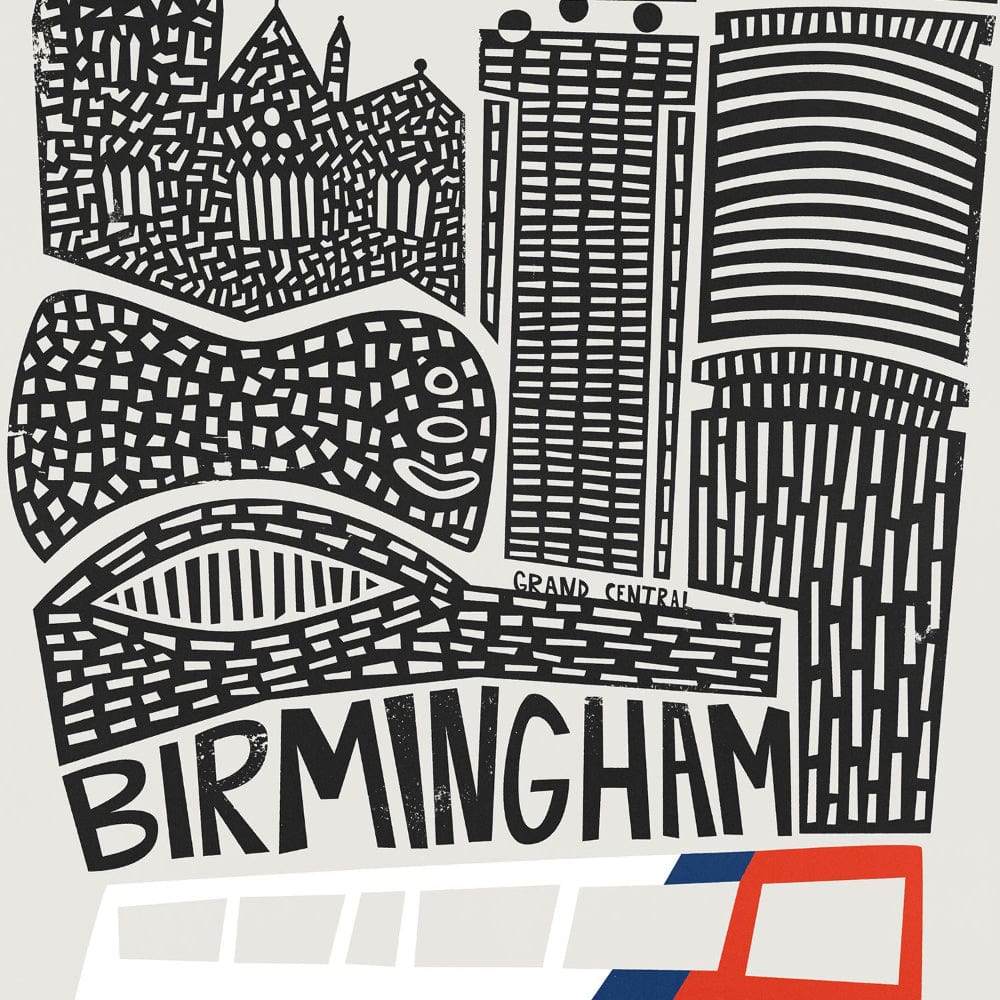 A close-up view of the Birmingham art print showing intricate building textures and the “BIRMINGHAM” text drawn by hand.