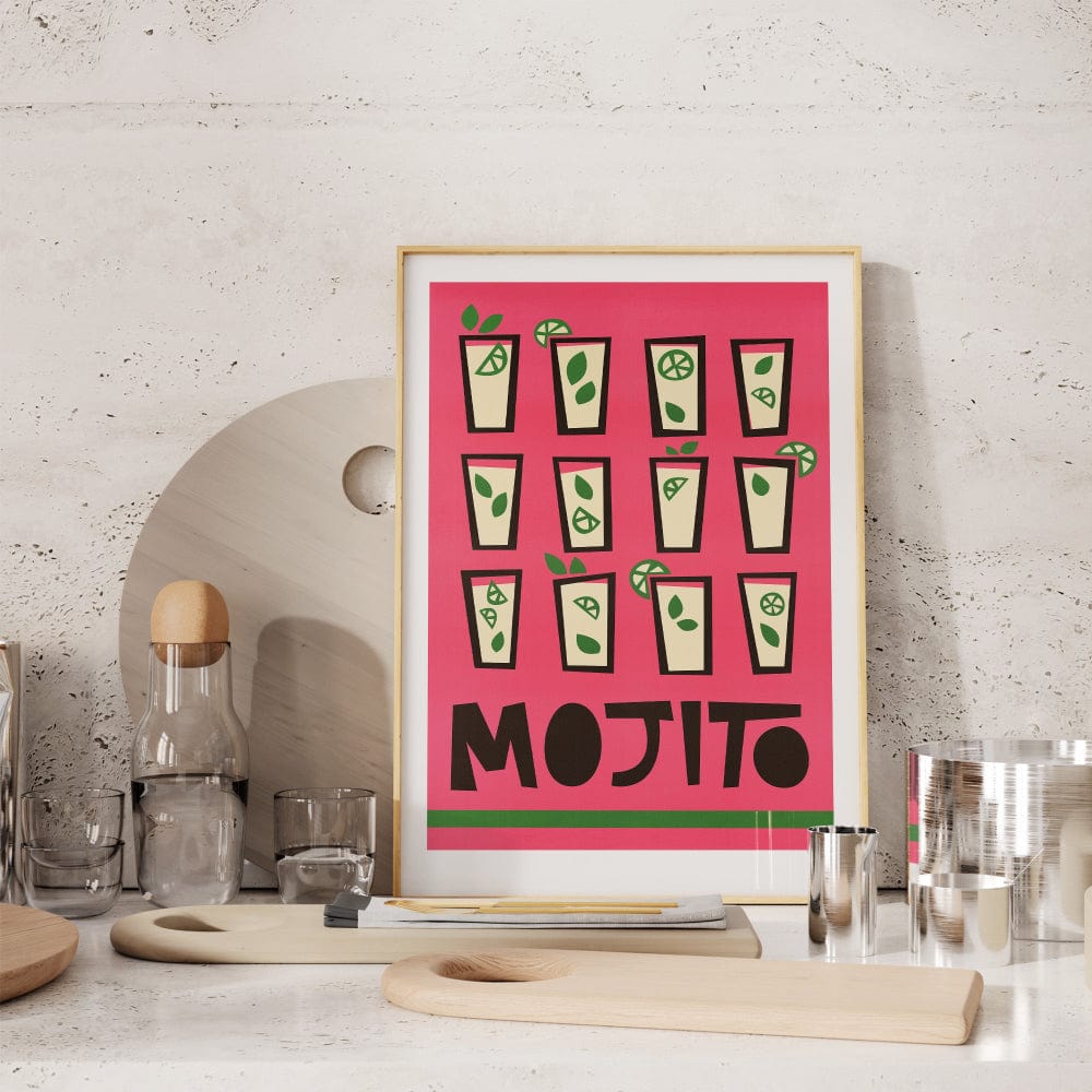 Mojito print displayed on a kitchen shelf beside cocktail glasses, adding a pop of colour and playful energy to the space.