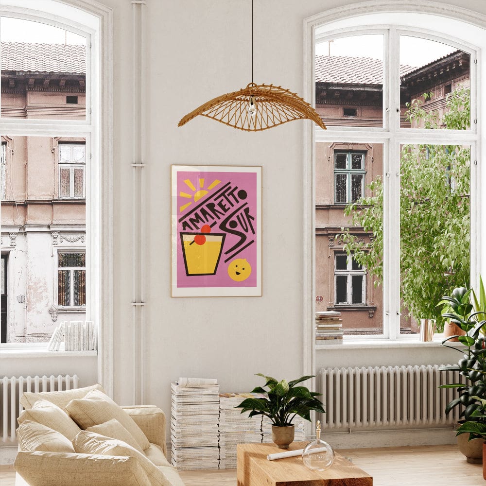 Amaretto Sour print hanging in a sunny room with tall windows and neutral furnishings, adding a splash of pink energy.