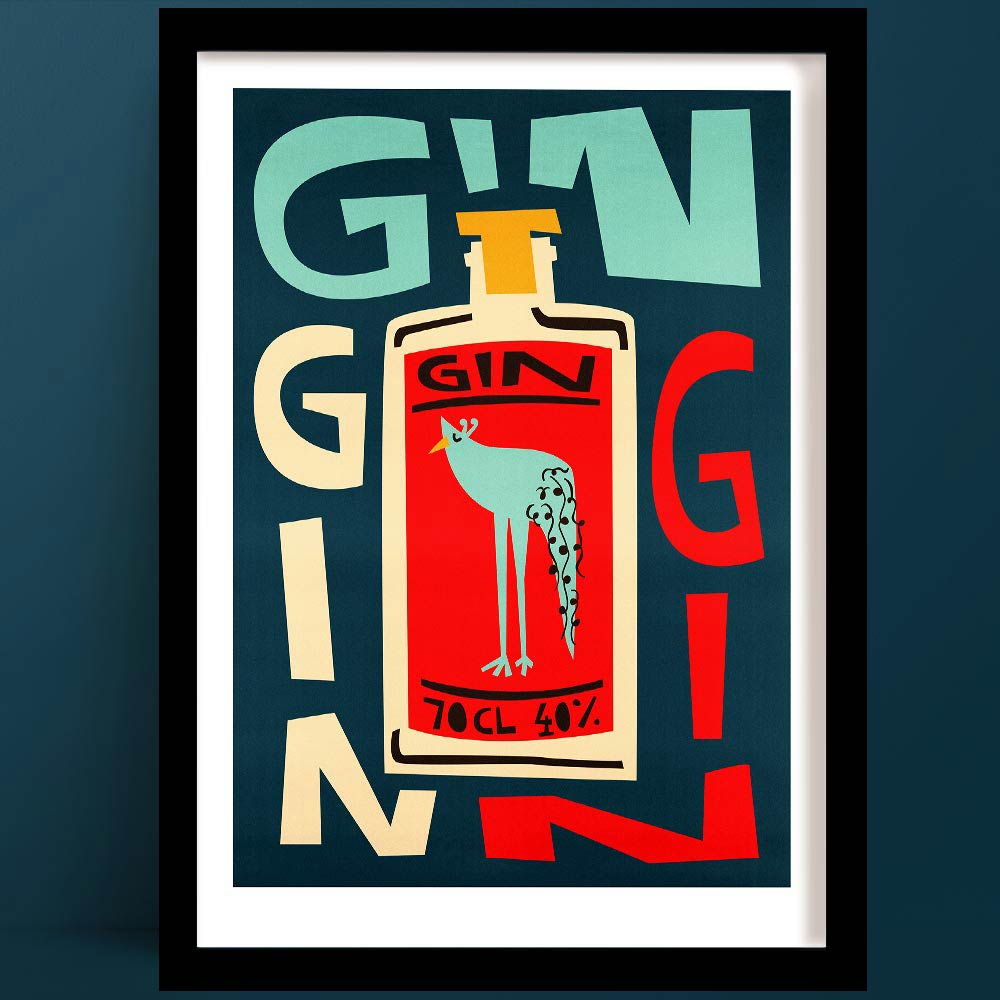 A Gin print in a Bold mid-century style gin bottle artwork featuring a turquoise peacock motif.