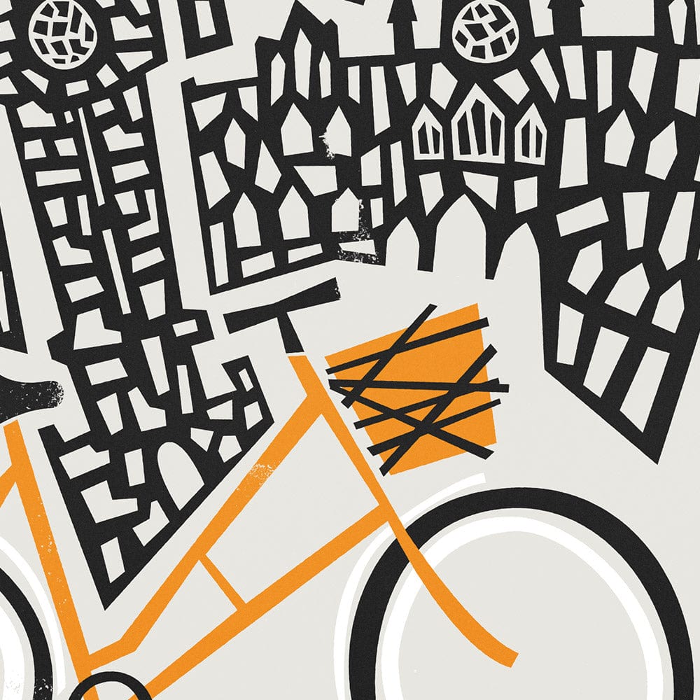 Close-up of Exeter Cathedral detail from the vintage-style city print, showing texture and linework.