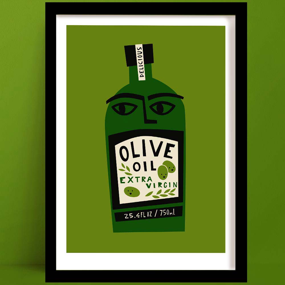Olive oil print featuring stylised green bottle with bold face and modern typography, framed on green wall