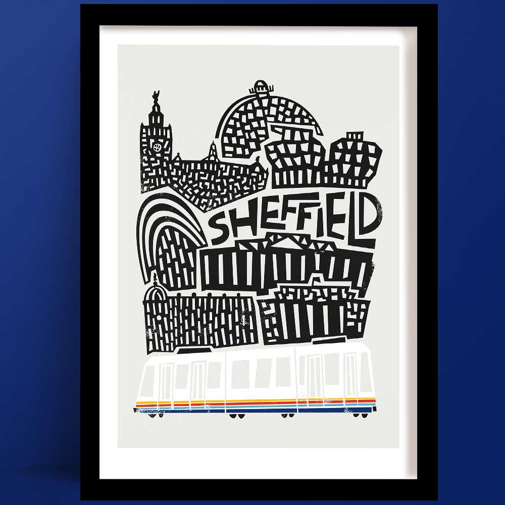 A bold black-and-white illustration of Sheffield’s skyline with abstract architectural landmarks and a detailed tram at the base, symbolising the city’s heritage.