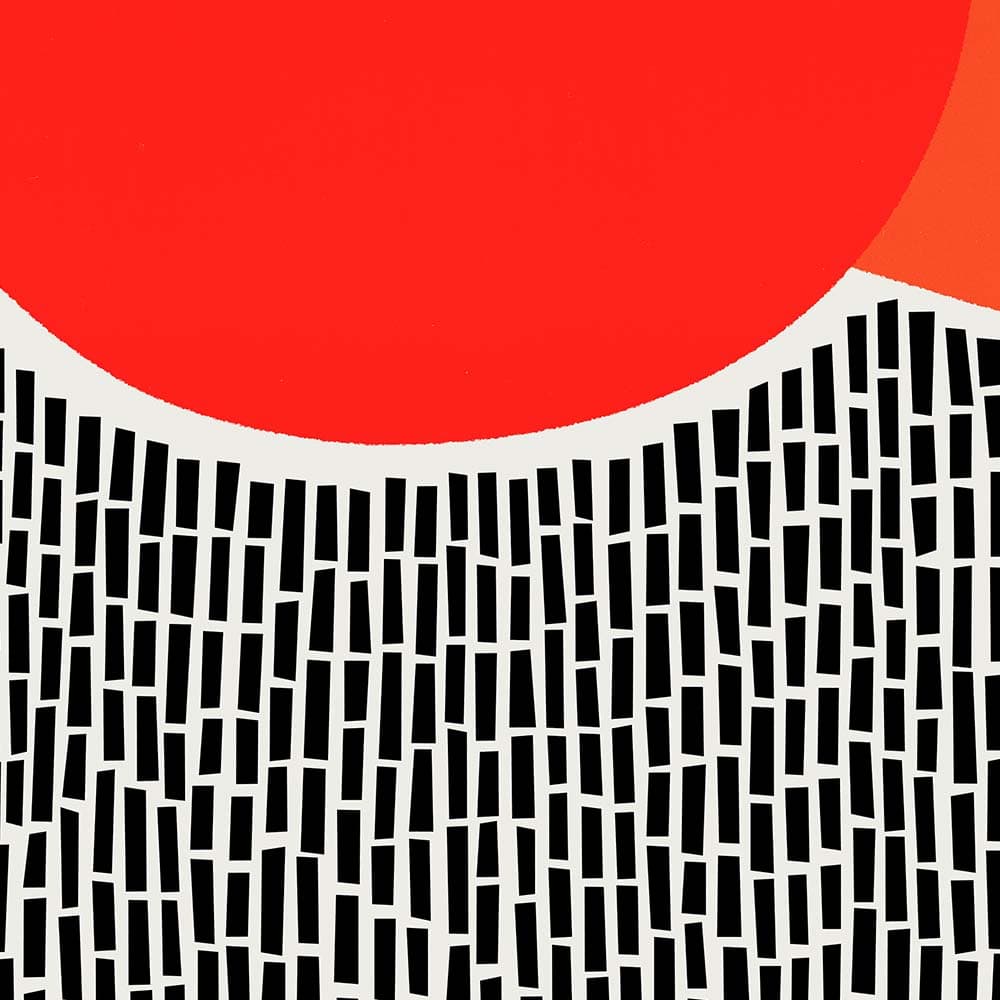 A close-up detail of the red circle abstract artwork showing the crisp contrast between the deep orange curve and the fine-lined black pattern beneath it.