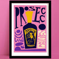 Bold prosecco print featuring playful type and a curvy figure, framed against a pink wall.