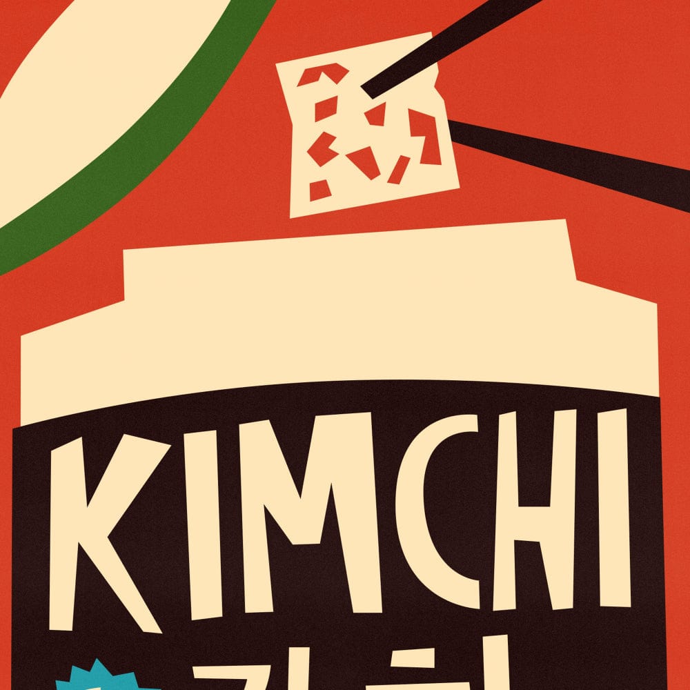 Close-up of kimchi jar illustration showing stylised chopsticks and textured label design.
