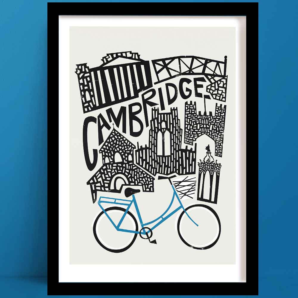 Our Cambridge print, A monochrome cityscape illustration, features iconic university buildings, turrets, and the Mathematical Bridge, with a bright blue bicycle below.