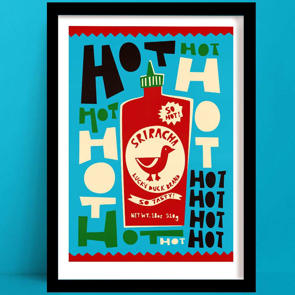 Lucky Duck Sriracha print featuring a red bottle with duck logo and bold “HOT” text scattered across a colourful background.