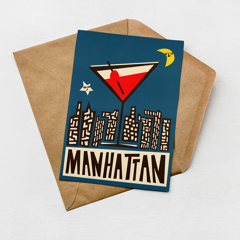 A greeting card featuring a stylized illustration of a cocktail glass with a city skyline in the background, along with a yellow moon and star.