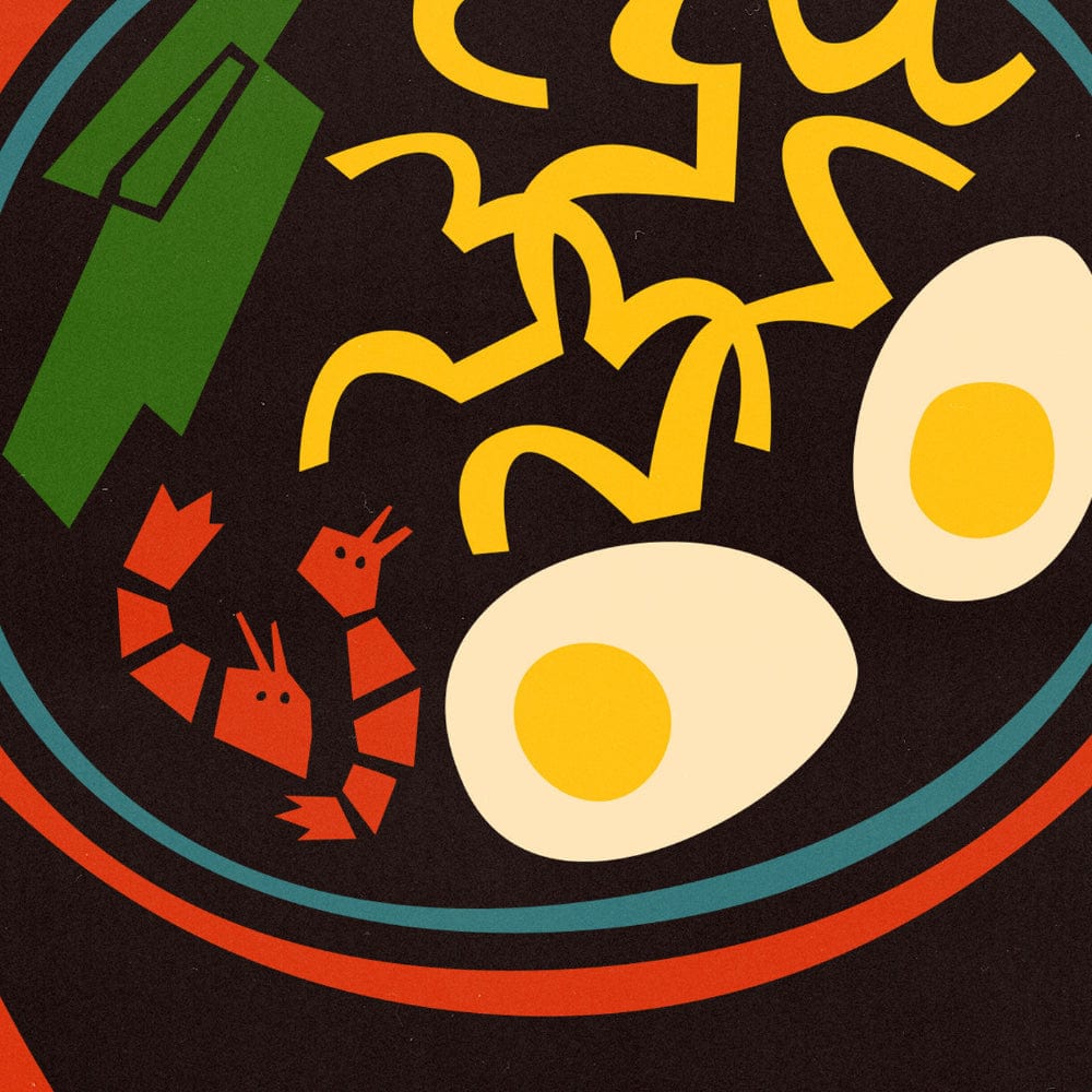 Close-up detail of the illustrated ramen bowl showing noodles, soft eggs, shrimp, and green onions.