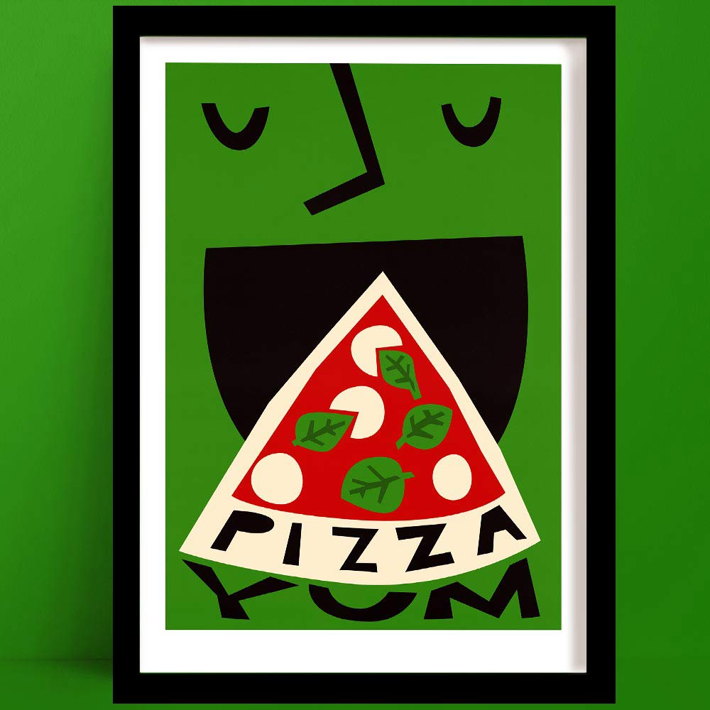 Pizza print featuring a graphic slice with tomato, basil, and mushroom toppings entering a smiling mouth.