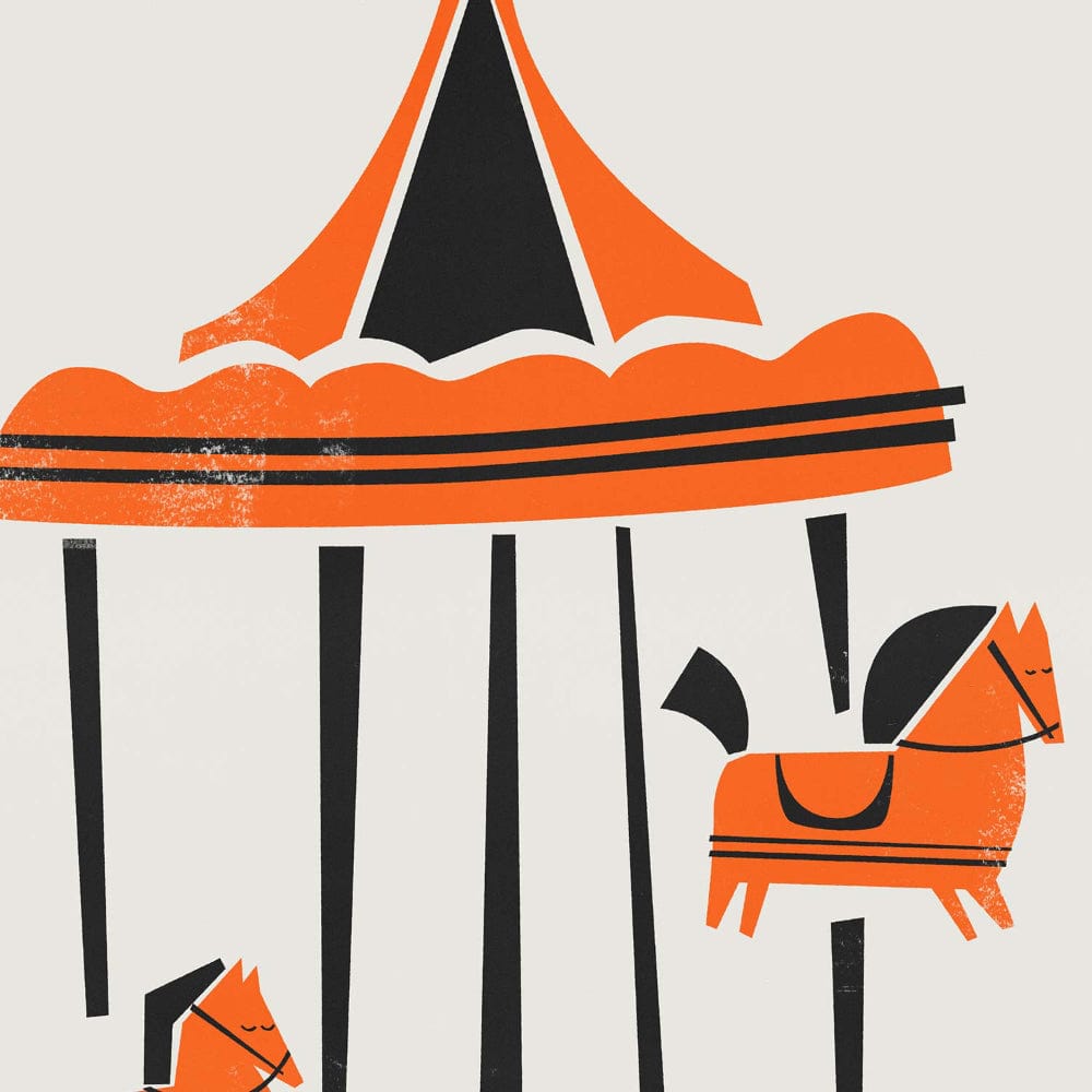 Close-up of carousel canopy and horses in a vintage-inspired orange and black colour palette