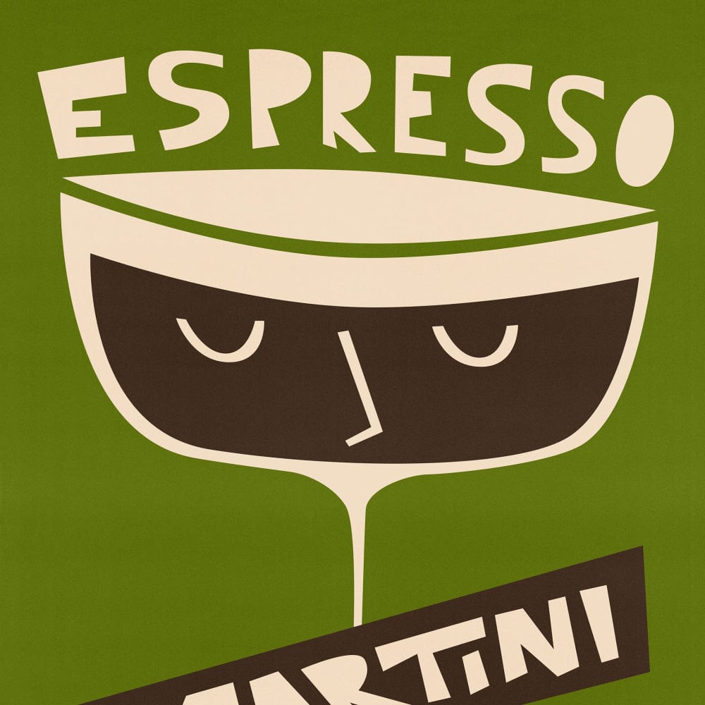 Close-up of the Espresso Martini print featuring hand-drawn text and a minimalist, sleepy expression across a creamy coffee glass.