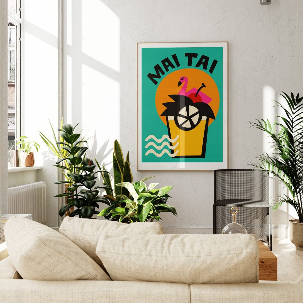 The Mai Tai artwork framed and displayed in a soft, sunlit living room, its colours and bold design adding a splash of holiday nostalgia to the space.
